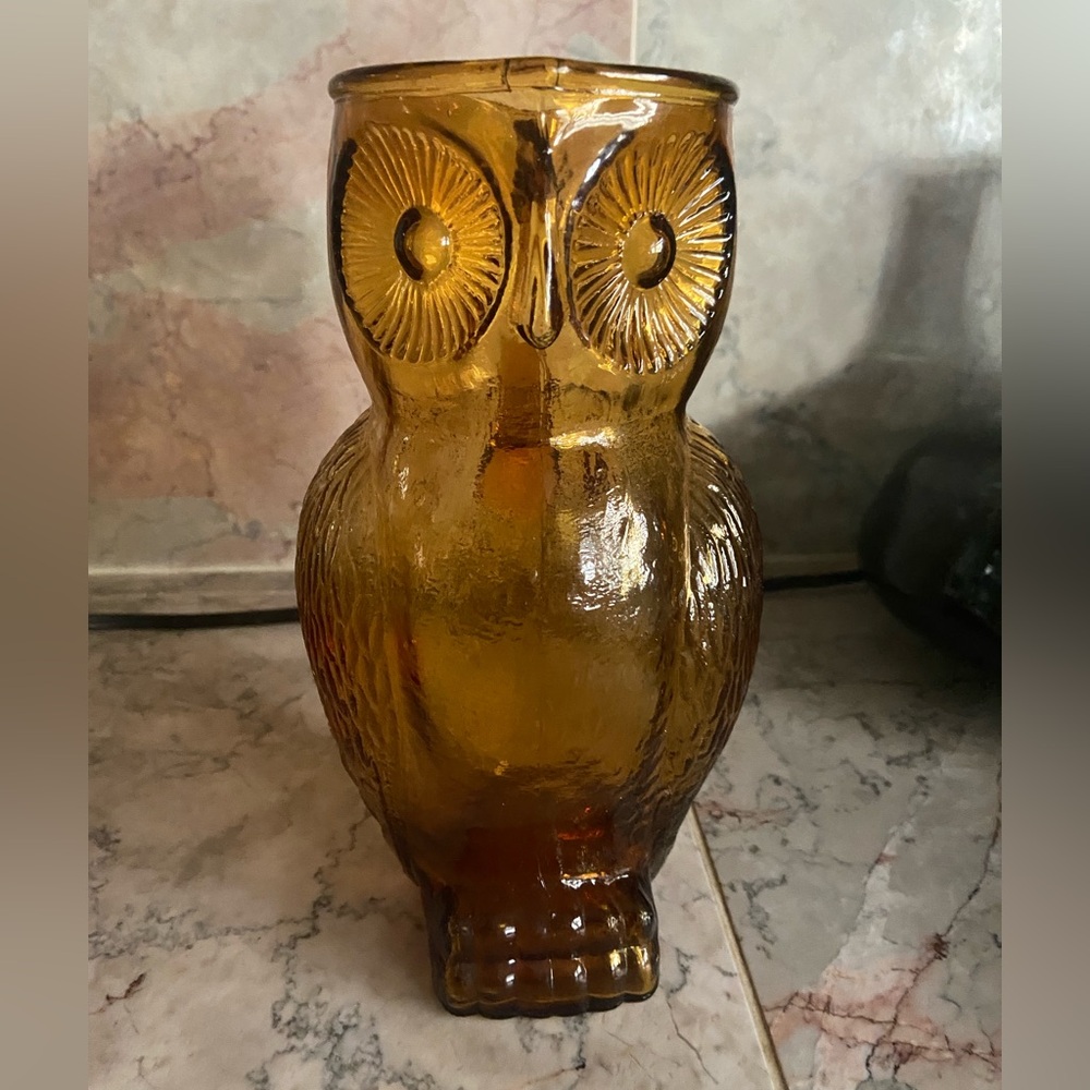 Vintage MCM Kanawha Style Glass Company Amber Glass Owl Pitcher 8 1/2"